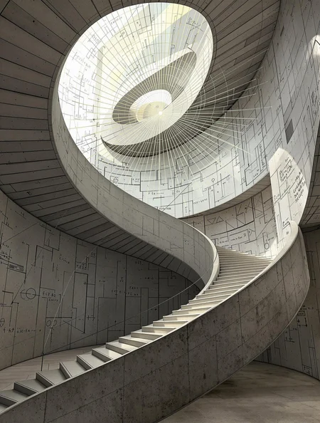 Brutalist staircase as quantum mechanics visualization, f/16 focus, crystalline concrete details, multidimensional spiral folding through space-time, apex light splitting into spectrum, parallel universe branches at each landing, abstract physics diagrams overlaid, subatomic particle trails, Schrödinger equation etched into steps