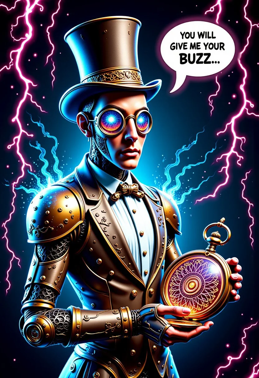 A photo of robotic hypnotist, wearing a top hat, wearing a monocle, eye magnified, holding a pocket watch, it sways hypnotically, motion lines of watch moving, hypnotic pattern on watch glass, glass, intricate light, intricate artwork, masterpiece, trending on artstation, highly detailed. watch is metallic. mtlartCE_style. aidmatextimprover. Text bubble comes out of hypnotist that reads "You will give me your BUZZ..." electric plasma flows around edges of frame, colorful, steampunk