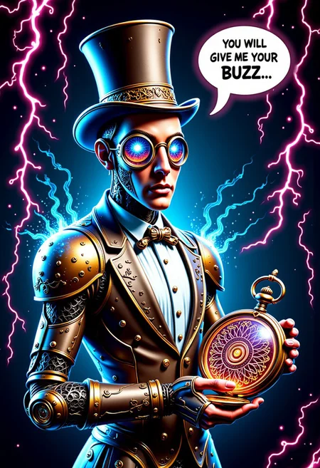 A photo of robotic hypnotist, wearing a top hat, wearing a monocle, eye magnified, holding a pocket watch, it sways hypnotically, motion lines of watch moving, hypnotic pattern on watch glass, glass, intricate light, intricate artwork, masterpiece, trending on artstation, highly detailed. watch is metallic. mtlartCE_style. aidmatextimprover. Text bubble comes out of hypnotist that reads "You will give me your BUZZ..." electric plasma flows around edges of frame, colorful, steampunk
