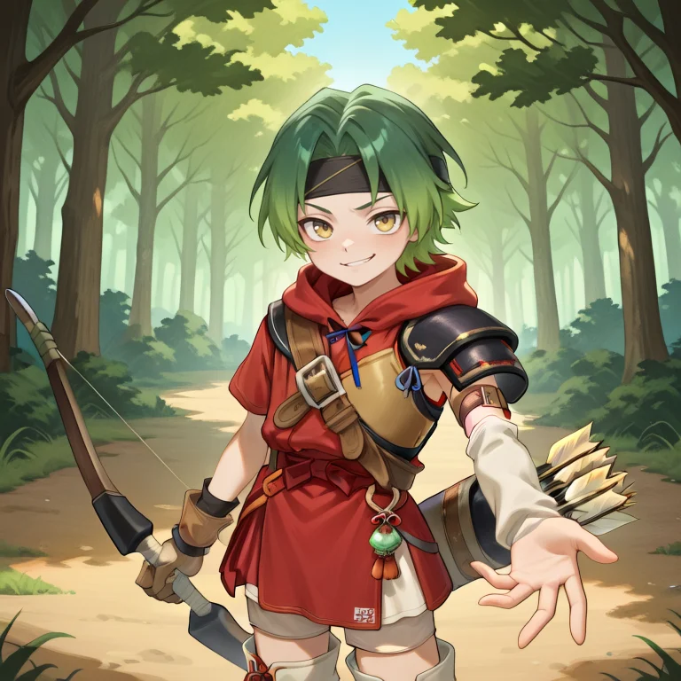 <lora:MizerIL:0.7>, MzeDef, MzeAlt, 1boy, short hair, green hair, gradient hair, yellow eyes, headband, black headband, shoulder pads, black shoulder pads, red hood, hood down, red shirt, shoulder belt, buckle, muneate, brown muneate, arm warmers, white arm warmers, asymmetrical clothes, arm strap, white shorts, shorts under skirt, microskirt, red skirt, gloves, single glove, boots, quiver, cowboy shot, bow \(weapon\), forest, exterior, trees, wooden fortress, standing, smirk, looking at viewer, (reaching towards viewer), holding, masterpiece, very aesthetic, absurdres, best quality, amazing quality, high resolution, newest, very awa, <lora:illustrious_quality_modifiers_masterpieces_v1:0.8> , <lora:ChamIllustriousBackgroundEnhancer:0.5>, (solo),