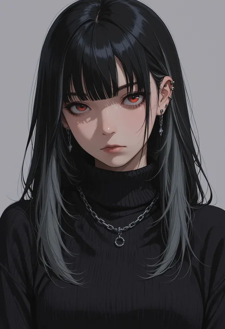 cryos2, 1girl, solo, red eyes, jewelry, black hair, piercing, ear piercing, long hair, looking at viewer, earrings, simple background, necklace, closed mouth, multicolored hair, sweater, grey background, bangs, black sweater, chain, turtleneck, upper body, film_grain, masterpiece, best quality, incredibly absurdres, amazing quality, very aesthetic, 4k, official art, latest, , <lora:99049ffc-f5ee-4292-8fba-783ed7518c43:0.9>