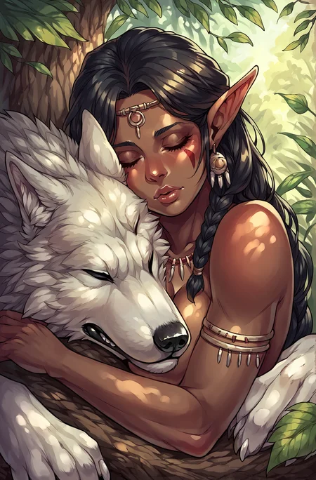 score_9,score_8_up,score_7_up,score_6_up,score_5_up,score_4_up source_suggestive, 1girl,long hair,black hair,jewelry,closed eyes,braid,outdoors,pointy ears,dark skin,dark-skinned female,tree,lips,animal,leaf,facial mark,sleeping,nature,wolf,tribal <lora:spectrumshift-v1e400:1>,