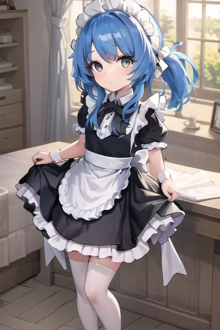 1girl, petite legs,royal blue hair, standing, from above, looking in cam,maid <lora:GGAS_Maid_Dress:0.7>