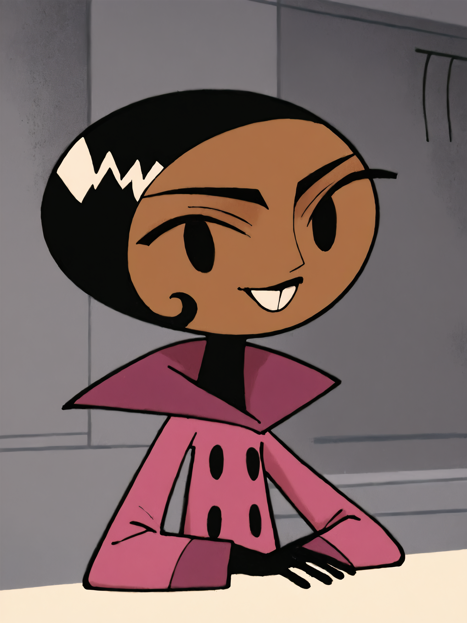 <lora:BritPony1.3:1> brit, solo, 1girl, black hair, short hair, dark-skinned female, black eyes, pink jacket,black,black gloves, buttons,buck teeth,upper body,     score_9, score_8_up, score_7_up, score_6_up, score_5_up, score_4_up, smile, indoors, looking at viewer,