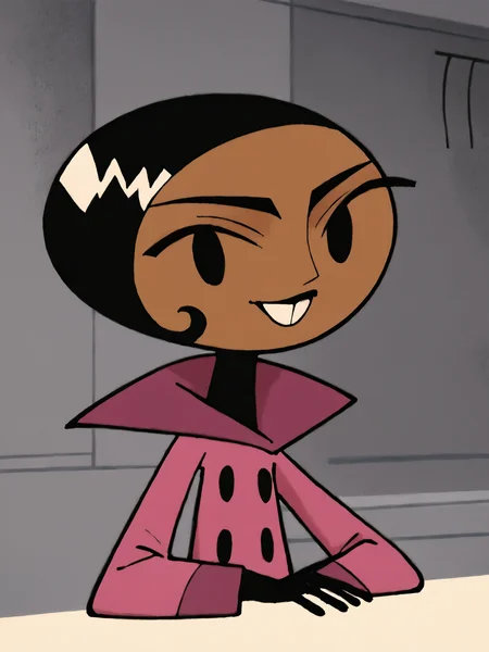 <lora:BritPony1.3:1> brit, solo, 1girl, black hair, short hair, dark-skinned female, black eyes, pink jacket,black,black gloves, buttons,buck teeth,upper body, score_9, score_8_up, score_7_up, score_6_up, score_5_up, score_4_up, smile, indoors, looking at viewer,