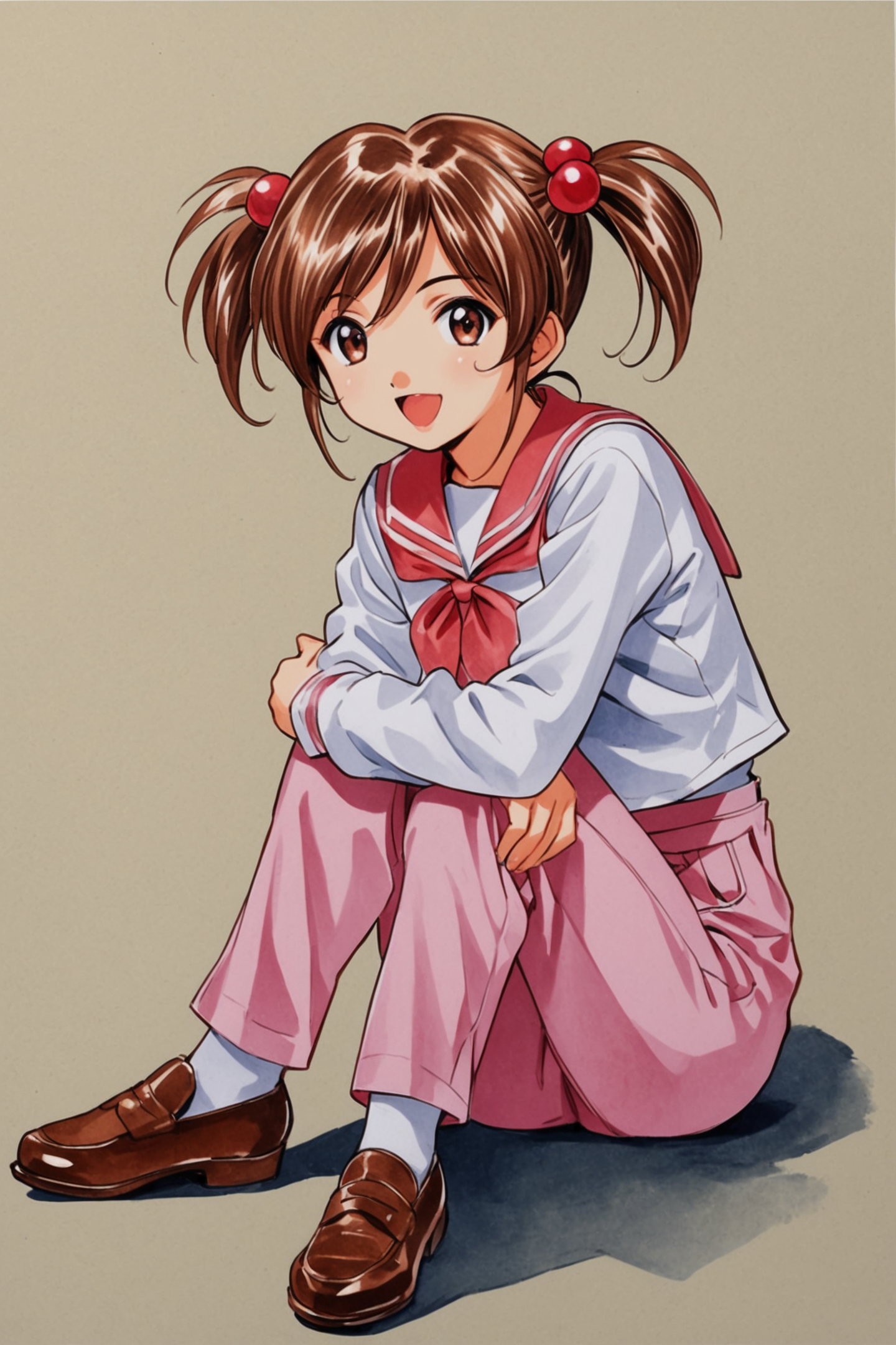Coquelicot,1girl,solo,smile,twintails,brown eyes,brown hair,short twintails,white shirt,long sleeves,pink pants,sailor collar,brown footwear,sitting,open mouth,traditional media,school uniform,shoes,hands on own knees,hair bobbles,hair ornament,full body,short hair,looking at viewer,serafuku,:d,shadow,pants,shirt,socks,simple background,bow,<lora:Sakura Wars_XL_V2.1:0.8>,