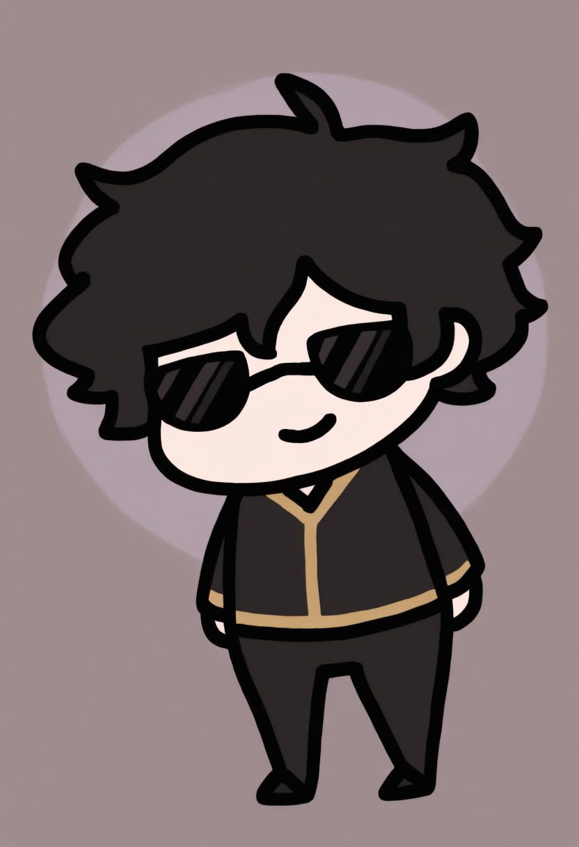 chibi, masterpiece, best quality, <break> full body, solo, male focus, 1boy, smile, black hair, messy hair, dot eyes, sunglasses, circle-frame eyewear, black tunic, thick hair, rimless eyewear, black clothes, brown trim, gold trim, bangs, vest over clothes, black pants