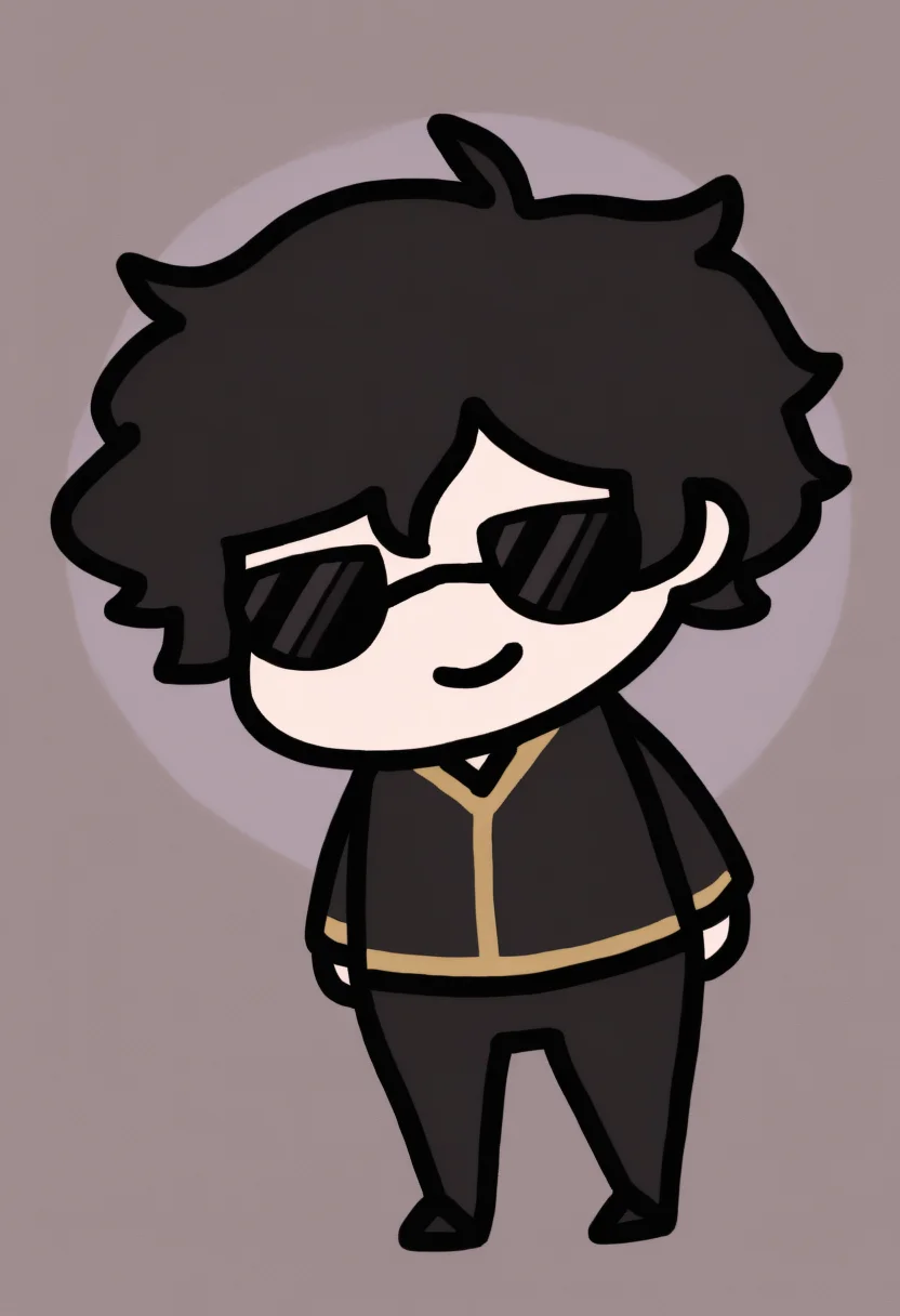 chibi, masterpiece, best quality, <break> full body, solo, male focus, 1boy, smile, black hair, messy hair, dot eyes, sunglasses, circle-frame eyewear, black tunic, thick hair, rimless eyewear, black clothes, brown trim, gold trim, bangs, vest over clothes, black pants