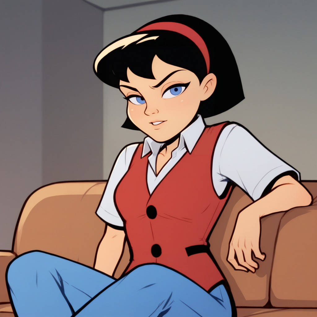 score_9_up, score_8_up, BREAK, Bea, 1girl, solo, black hair, short hair, blue eyes, red headband, shirt, vest, blue pants, indoors, sitting on on couch,  <lora:Bea_MightyMax_PXL_Leaf1:0.8>,  looking at viewer,