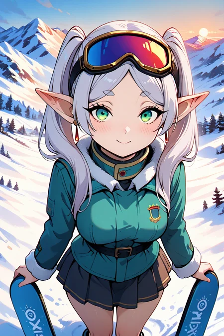 masterpiece, best quality, 32k, high resolution, absurdres, medium breasts, (curvy), cute, eyelashes, vivid colors, BREAK ,,, <lora:FrierenIXL:0.8>, zzFrieren, long hair, twintails, green eyes, grey hair, pointy ears, elf, ,,,,,, tiny woman, small woman , petite, short body, skinny, cute girl, pretty girl, innocent girl, snowbunnies, ski resort mountaintop, instagram model, fur trim, jacket, next to snowboard, ski goggles on head, detailed face, perfect makeup, long eyelashes, skirt, fit body, smile, shy, looking at viewer, high angle, <lora:SmoothAnimeIXL:0.8>, <lora:princess_xl_v2:0.3>, <lora:snowbunnies:0.8>,