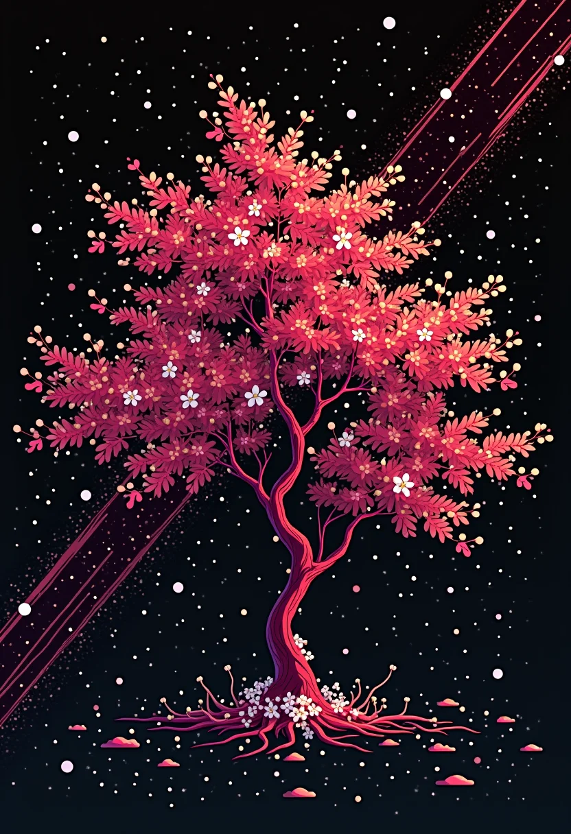 high quality, highly detailed, colorful, abstract, fantasy, fantasy background, The image is an abstract digital illustration of a tree with a black background. The tree is in the center of the image, with its branches reaching up towards the top left corner. The branches are covered in pink cherry blossom flowers, with small white flowers scattered throughout. The flowers are arranged in a symmetrical pattern, with some overlapping each other. The leaves of the tree are a deep red color, while the branches are a lighter shade of red.  The tree is surrounded by a dark black background, with a diagonal line that runs diagonally across the image. The lines are made up of small white dots, creating a sense of depth and dimension. The dots are scattered throughout the image in different directions, creating an abstract and dynamic composition. The overall color scheme of the illustration is predominantly red and black, with hints of white and pink. The image has a futuristic and futuristic feel to it.<lora:FLUX\Enhancer\flux_vividizer.safetensors:0.8:0.8> <lora:FLUX\Style\fur_detailer_v1.safetensors:0.6:0.6>