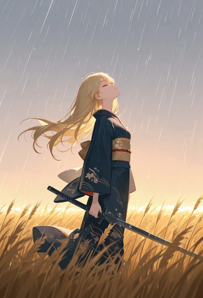 masterpiece, best quality, good quality, newest, highres, absurdres, volumetric lighting,gradient color,
1girl,long hair, blonde hair,walking, standing in a wheat field,eyes closed,a sad look, pressed lips mouth, hands holding a steel sword, dark weather, raining, wind, kimono, side view, looking up at sky, long shot, sad, mournful atmosphere