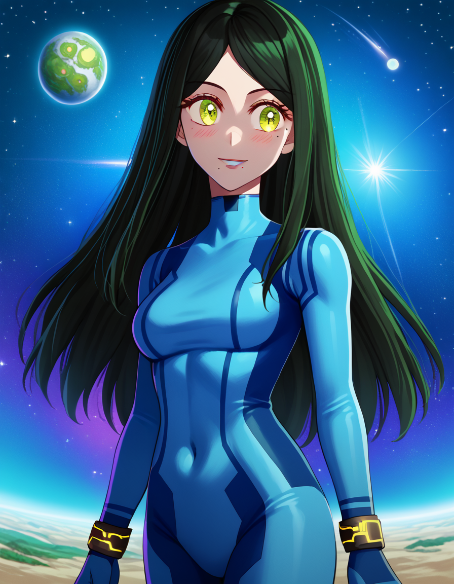 score_9, score_8_up, score_7_up, source_anime, <lora:frill-shiranui-s1s2-ponyxl-lora-nochekaiser:1>, frill shiranui, long hair, bangs, black hair, green eyes, yellow eyes, green hair, mole, mole under eye, mole under mouth, medium breasts,, <lora:samus-aran-cosplay-ponyxl-lora-nochekaiser:1>, samusarancosplay, samus aran (cosplay), blue bodysuit, bodysuit, covered navel, skin tight, zero suit,, space, planet, earth (planet), star (sky), galaxy, nebula, moon, blush, smile, , cowboy shot, dutch angle,