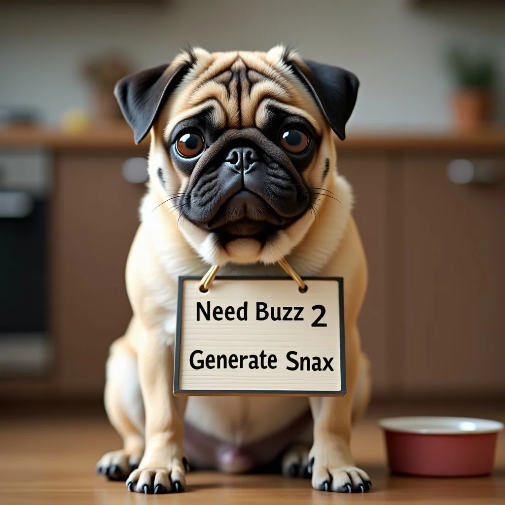 An adorable realistic looking fawn pug, with big sad eyes, pug sitting in front of a sign that reads "Need Buzz 2 Generate Snax", sitting in a kitchen next to an empty dog bowl, high definition macro photography, shallow depth of field, ultra clear, highly detailed