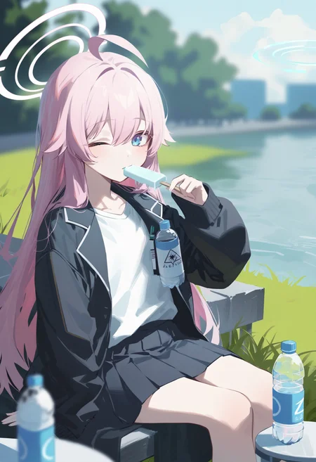 1girl,solo,masterpiece,best quality,newest,recent,
BREAK
1girl, hoshino \(blue archive\), pink hair, long hair, halo, blue eyes, solo, ahoge, looking at viewer, jacket, long sleeves, shirt, very long hair, one eye closed, white shirt, bottle, blurry, sitting, food, bangs, popsicle, holding, blurry background, outdoors, grass, skirt, water bottle, table, heterochromia, hair between eyes, black skirt, depth of field, black jacket, covered mouth,
BREAK
<lora:å¦ä¸ç§è¾ä½ä¿®æ­£XLç¨sd_xl_dpo_lora_v1-128dim:1>,<lora:ABKSKXLlokr3f:1>,