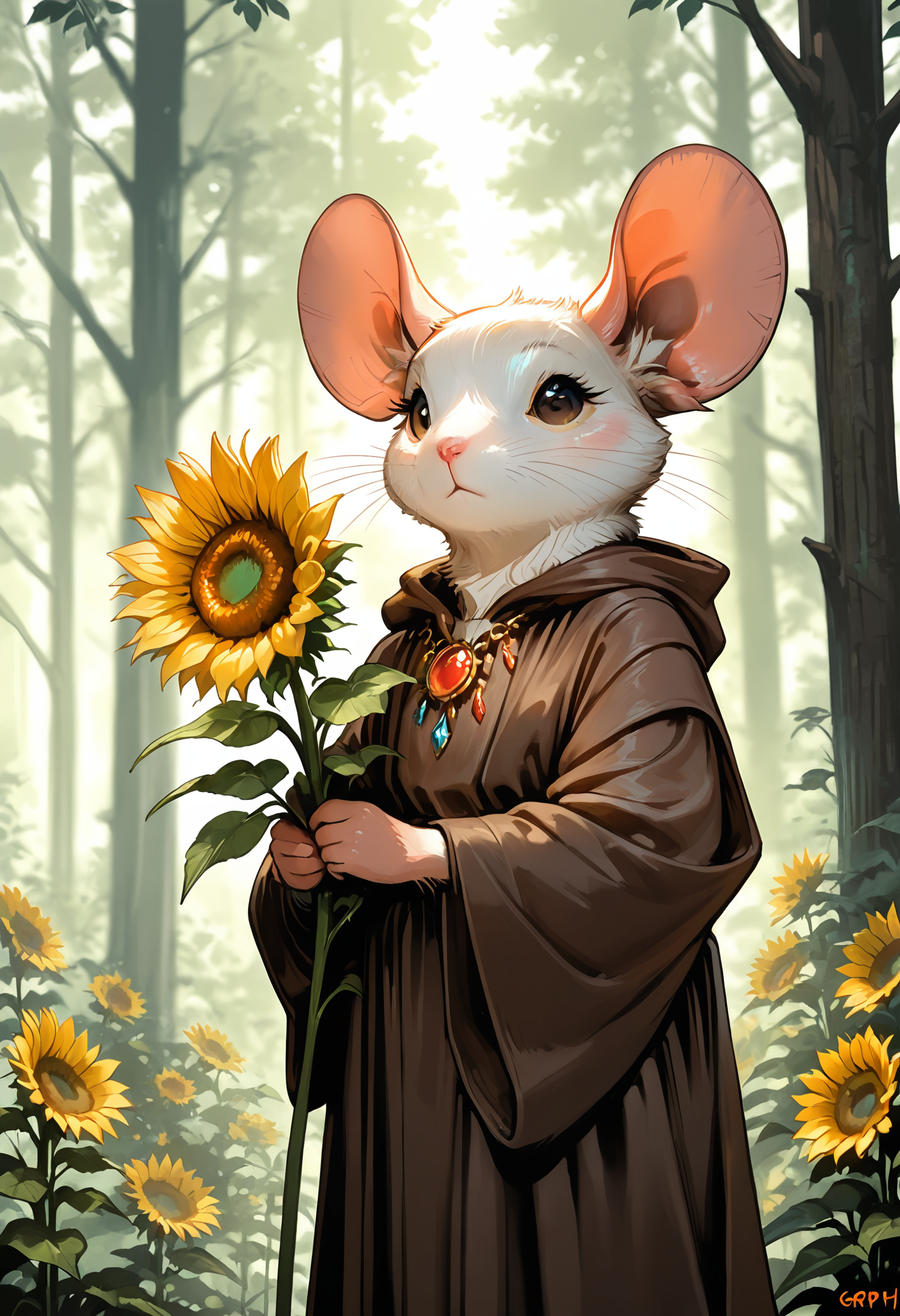 masterpiece, best quality, good quality, very awa, very aesthetic, absurdres, newest, solo, holding, closed_mouth, jewelry, brown_eyes, standing, flower, outdoors, day, necklace, tree, no_humans, blurry_background, depth_of_field, animal, gem, nature, cloak, forest, robe, sunflower, animal_focus, white_fur, mouse, whiskers, orange_flower, oversized_animal, clothed_animal, ink drawing, opill, gr4ph1t3,