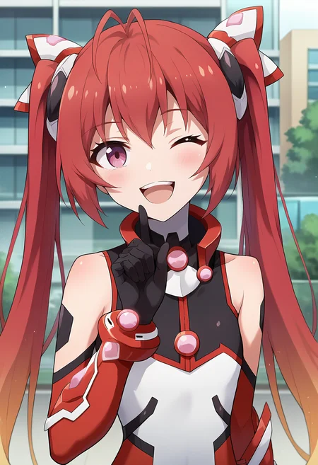 score_9, score_8_up, score_7_up, source_anime, masterpiece, 1girl, rating_safe, ct_t4ilr3d, twin twintails,  leotard, armor, elbow gloves, upper body, portrait, happy, one eye closed, hand up, blush, looking at viewer, outdoors, depth of field, city, <lora:Tailred_pony_ct:1>