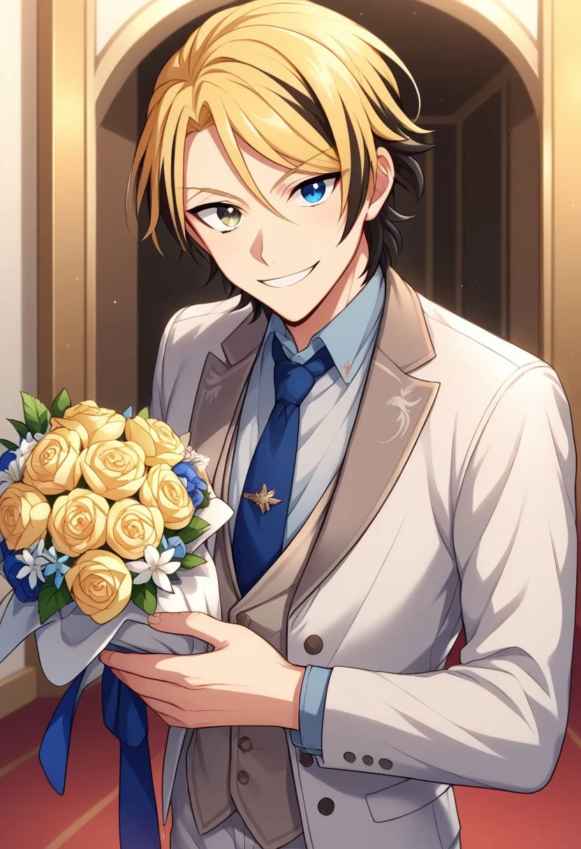 score_9, score_8_up, score_7_up, source_anime, highly detailed,
leonard, 1boy, male focus, blonde hair, flower, solo, white jacket, necktie, bouquet, jacket, smile, blue necktie, shirt, multicolored hair, heterochromia, looking at viewer, white pants, blue eyes, formal, two-tone hair, collared shirt, suit,
long sleeves, white vest, holding bouquet, black hair, vest, upper body, holding,
indoor, party