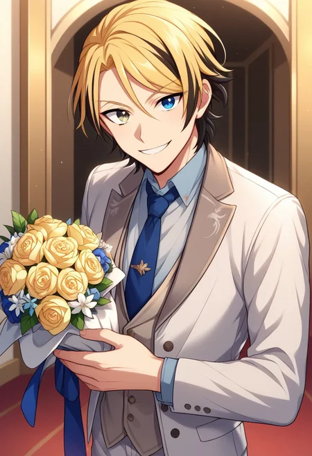 score_9, score_8_up, score_7_up, source_anime, highly detailed,
leonard, 1boy, male focus, blonde hair, flower, solo, white jacket, necktie, bouquet, jacket, smile, blue necktie, shirt, multicolored hair, heterochromia, looking at viewer, white pants, blue eyes, formal, two-tone hair, collared shirt, suit,
long sleeves, white vest, holding bouquet, black hair, vest, upper body, holding,
indoor, party