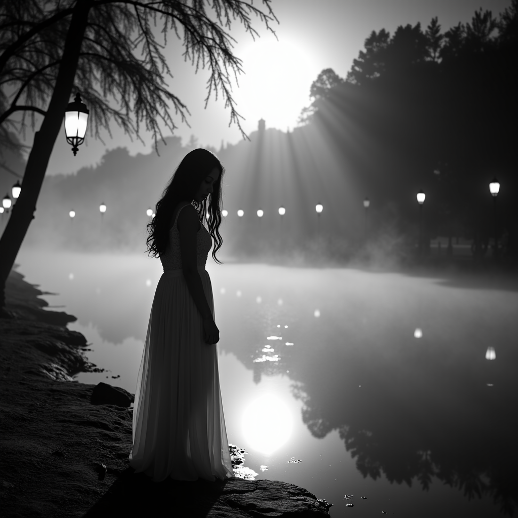 <lora:Mexican Noir Style-flux:1> mxnoirsty, black and white, dark,  La Llorona by the River (Shot on Ilford HP5 Film, Misty Backlight for a Ghostly Effect)
A pale woman in a flowing white dress stands by the edge of a moonlit river, her long black hair cascading over her shoulders. Her sorrowful eyes scan the water, as if searching for somethingâor someoneâlong lost. The mist drifts in slow waves, illuminated by the faint glow of lanterns hanging from the trees. Captured with an antique Leica III, the filmâs natural grain adds an ethereal, ghostly texture, making her appear as if she has stepped out of a legend whispered through generations.