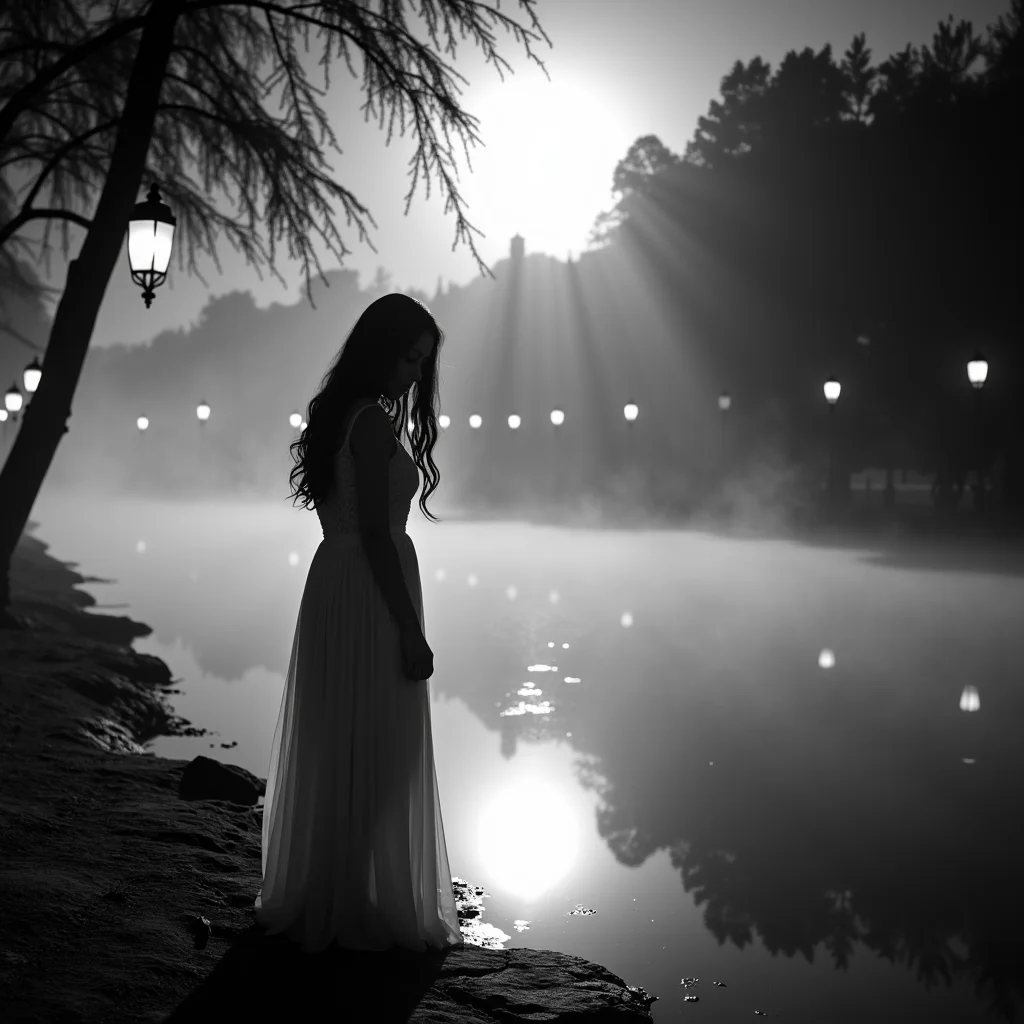 <lora:Mexican Noir Style-flux:1> mxnoirsty, black and white, dark,  La Llorona by the River (Shot on Ilford HP5 Film, Misty Backlight for a Ghostly Effect)
A pale woman in a flowing white dress stands by the edge of a moonlit river, her long black hair cascading over her shoulders. Her sorrowful eyes scan the water, as if searching for somethingâor someoneâlong lost. The mist drifts in slow waves, illuminated by the faint glow of lanterns hanging from the trees. Captured with an antique Leica III, the filmâs natural grain adds an ethereal, ghostly texture, making her appear as if she has stepped out of a legend whispered through generations.
