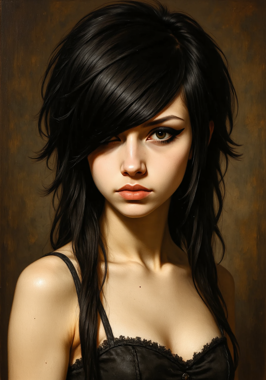 renaissance oil painting of a young woman in a victorian sleeveless dress She has a distinctive 2000s scene/emo haircut: thick, sharply angled bangs that sweep across one eye, with long layered strands and long sidelocks that drape in front of her shoulders. Her intense eyes are framed by bold black winged eyeliner.<lora:cheats.safetensors:0.8:0.8> <lora:2000s_Scene_Emo_Hair.safetensors:1:1>