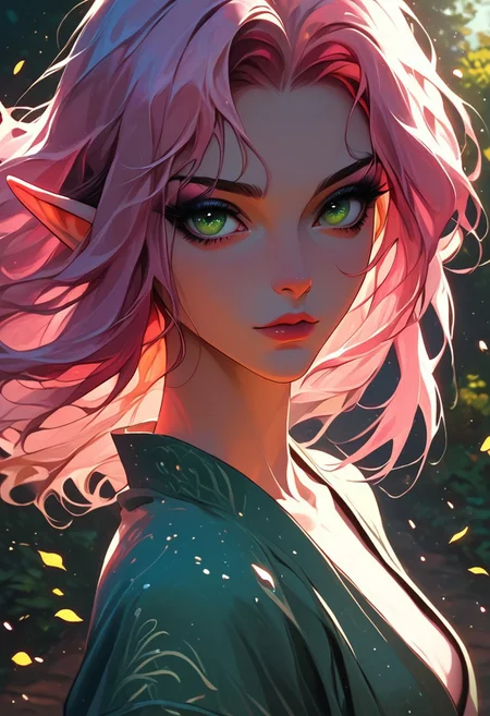 score_9, score_8_up, score_8, close up, 1girl, solo, sexy elf woman, perfect face, thick eyeliner, small breasts, long straight pink hair, green eyes, wearing sexy kimono, nsfw, cowboy shot, dynamic pose, dynamic angle, volumetric lighting, cinematic lighting, outdoors, zen garden