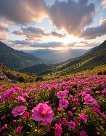 A stunning landscape scene showcasing vibrant pink flowers in full bloom, set against rolling green hills under a dynamic sky filled with clouds. The lighting casts a warm golden hue, enhancing the vivid colors of the blossoms and illuminating the valleys in the distance. The viewpoint is positioned slightly above the flower field, offering a sweeping vista that captures the vastness of the mountains fading into the horizon. The time is late afternoon, creating a serene and uplifting atmosphere. The style reflects a blend of realism and impressionism, emphasizing natural beauty with a soft focus on the flowers in the foreground and the craggy mountains beyond, evoking a sense of tranquility and wonder. <lora:aidmaFLUXPro1.1-FLUX-v0.3:1>