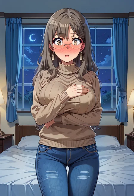 score_9, score_8_up, score_7_up, source_anime, masterpiece, best quality, high quality, highres, cinematic lighting, (solo, front view, closed up face, cowboy shot, bedroom, bed, window, different angles), (Futaba_Rio, brown_eyes, grey_hair, long_hair, large_breasts, rimless_eyewear, simple sweater, brown sweater, blue pants, denim pants, rectangle earrings, covering chest with arms, detail hands, looking at viewer, surprised, embarrassed, standing, perfect anatomy, anatomically correct hands), (night, Expressiveh, full-face blush, vnbg, modern_bg)