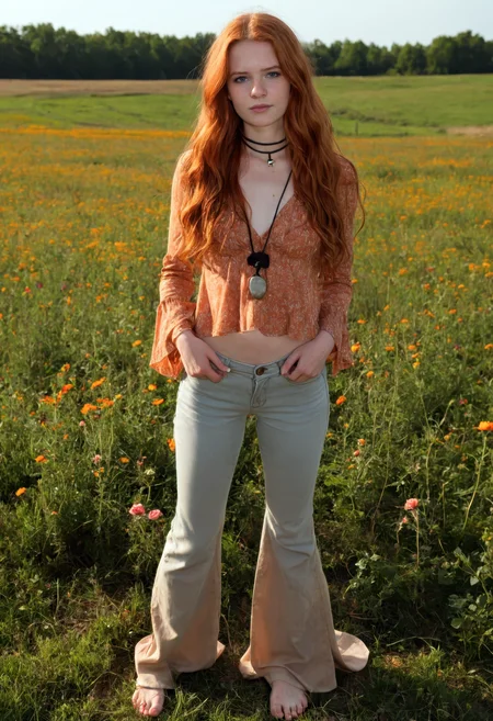 sdxl_jessidom, long wavy ginger hair parted down the middle, dressed in a flowing burnt orange peasant blouse and bell-bottom jeans, barefoot in a sun-drenched wildflower field, a leather cord choker around her neck
