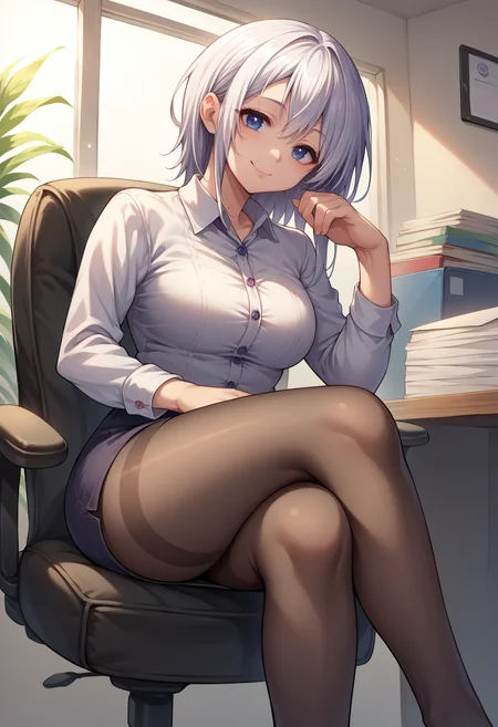 score_9, score_8_up, source_anime, 1girl, solo, HimejiShirayuki, medium hair, sidelocks, indoors, office lady, office chair, sitting, crossed legs, miniskirt, black pantyhose, dress shirt, smile, <lora:ChamHimejiShirayukiPonyXL:1>