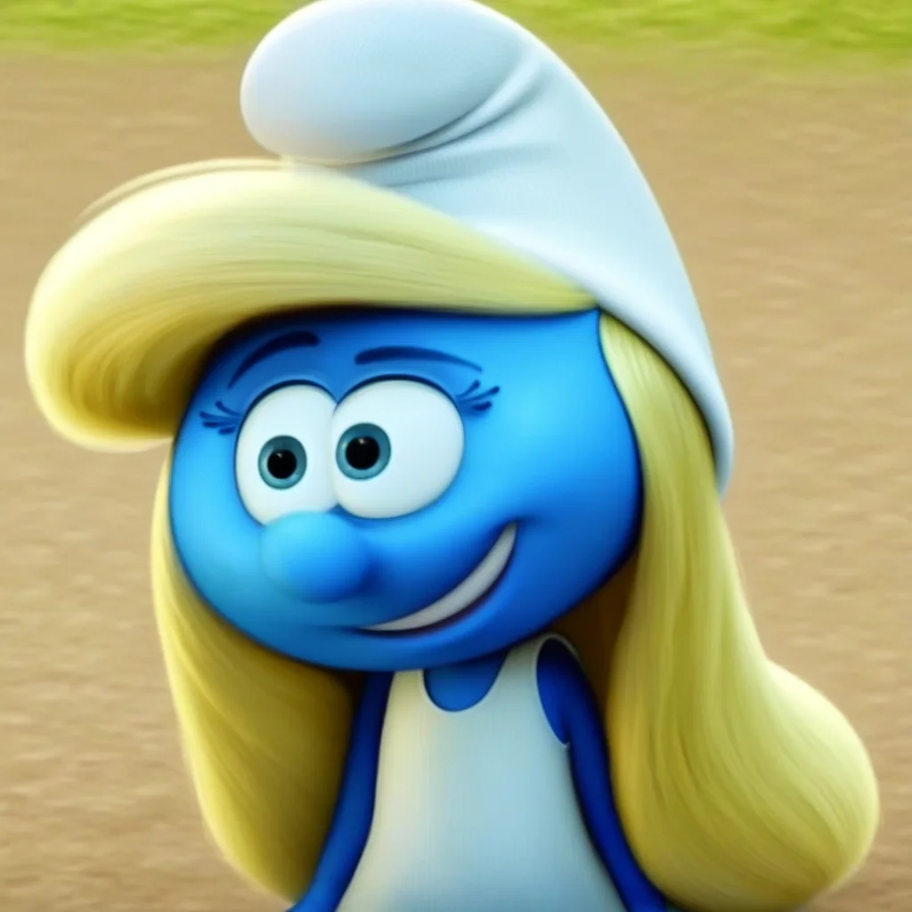 long blonde hair, white heels, exposed leg, 1girl, white hat, black eyes, blue skin, sleeveless white dress, Smurfette