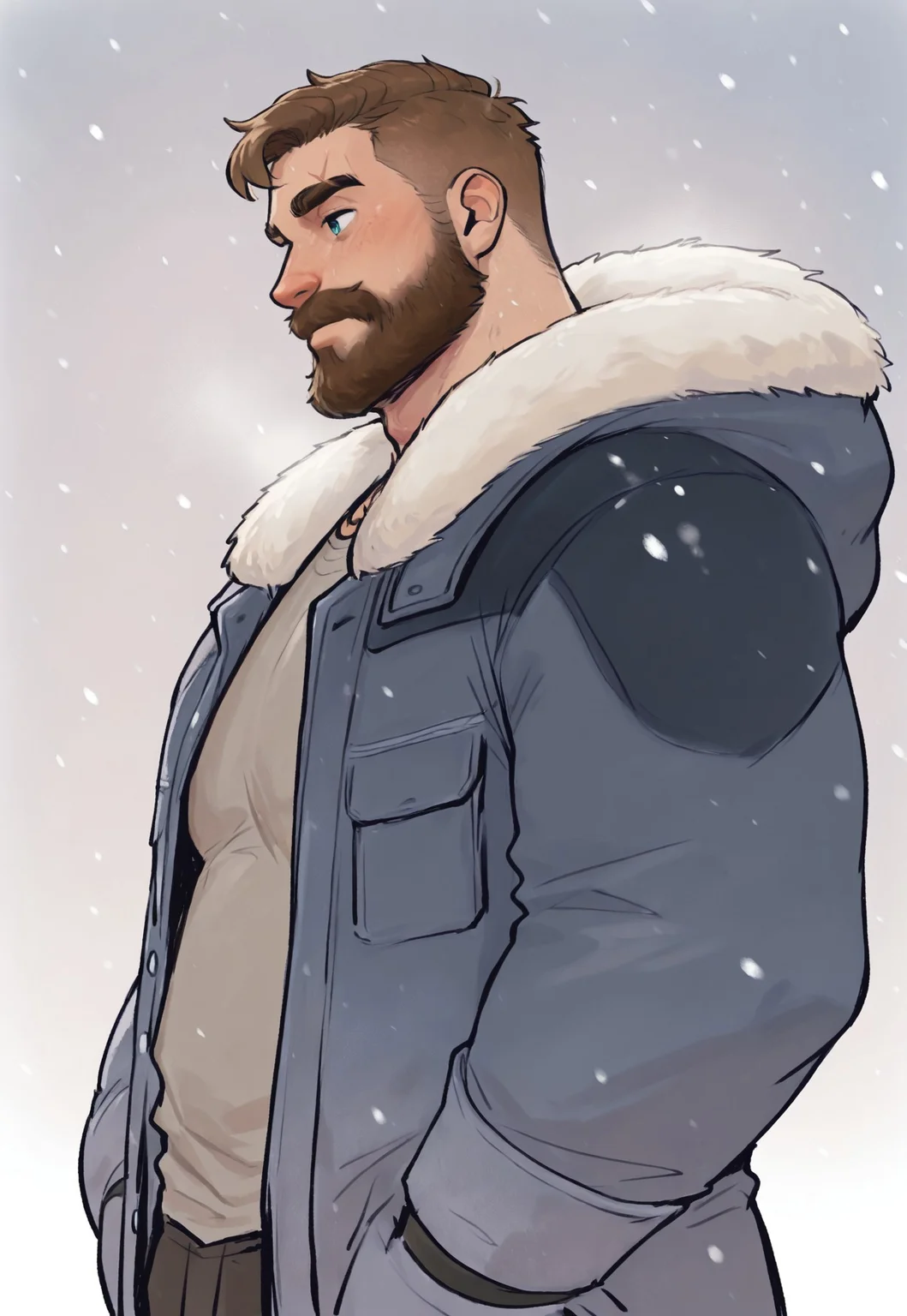 high quality, high detail, best quality, 1boy, solo, male focus, bara, MarkCI, brown hair, short hair, freckles, eyebrow cut, scar on eyebrow, scar over eye, face scar, dark blue eyes, beard, facial hair, mature male, plump, burly, (body hair, hairy), MarkWinter, blue coat, grey shirt, from side, close-up, snow, snowing, hands in pocket, from below