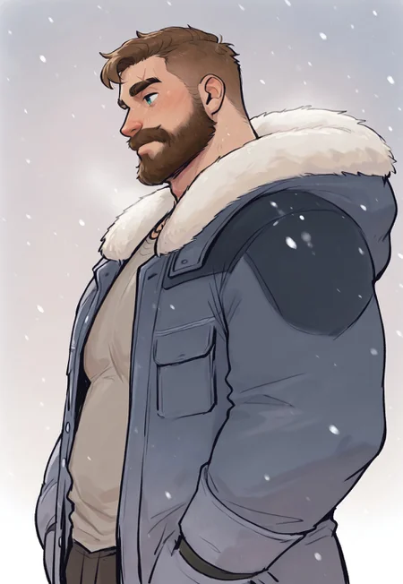 high quality, high detail, best quality, 1boy, solo, male focus, bara, MarkCI, brown hair, short hair, freckles, eyebrow cut, scar on eyebrow, scar over eye, face scar, dark blue eyes, beard, facial hair, mature male, plump, burly, (body hair, hairy), MarkWinter, blue coat, grey shirt, from side, close-up, snow, snowing, hands in pocket, from below
