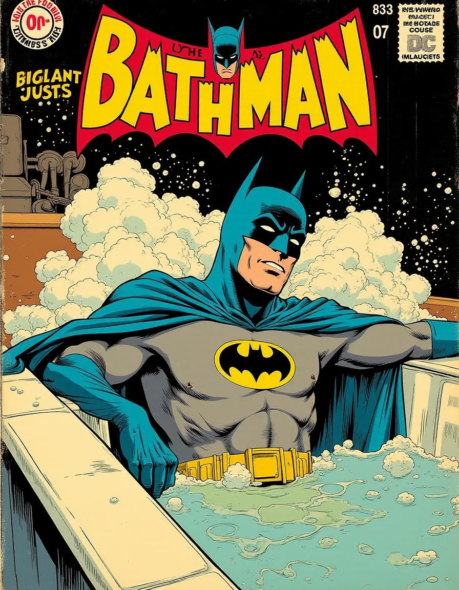 (Cinematic film still:1.7) comic vintage dc (comics cover:1.5) style, warm nostalgic lighting,
illustration of 1960s Batman, in his costume, taking a bath,,distressed vintage comic cover (text title is "Bathman":1.4) DC logo, detailed facial expression, (relaxed) (in a retro-patterned jacuzzi:1.4), surrounded by steam and bubbles.
<lora:UnReal_Flux:0.5> UnRealm, <lora:Hand v2:0.5> Detailed hand, Perfect hand . graphic illustration, comic art, graphic novel art, vibrant, highly detailed, style by Jim lee and Joe Kubert and Harold Foster . shallow depth of field, vignette, highly detailed, high budget, bokeh, cinemascope, moody, epic, gorgeous, film grain, grainy