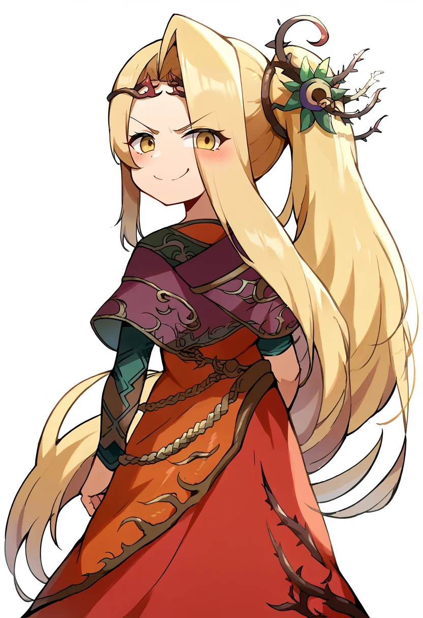 <lora:pony_good_hands:1>, <lora:Anime Style 2 SDXL_LoRA_Pony Diffusion V6 XL:0.5>, score_9, score_8_up, score_7_up, source_anime, good_hands,
simple white background, from behind,
<lora:IcaViridi-000015:1>, 1girl, solo, IcaViridi, long blonde hair, side ponytail, yellow eyes, red dress, thorn crown, asymmetrical sleeves, hair flower, eyes visible through hair,
smile, looking at viewer, blush, smug, standing,
