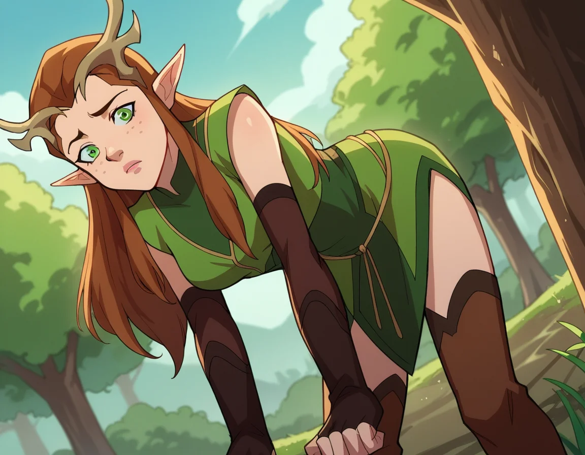 score_9, score_8_up, score_7_up, source_anime,
keyleth, <lora:keyleth-ponyxl-lora-nochekaiser:1>,
keyleth, long hair, brown hair, green eyes, pointy ears, elf, antlers, freckles,
thighhighs, gloves, boots, fingerless gloves, thigh boots, brown footwear, green dress,
outdoors, nature, bent over,
looking at viewer, dutch angle, cowboy shot,