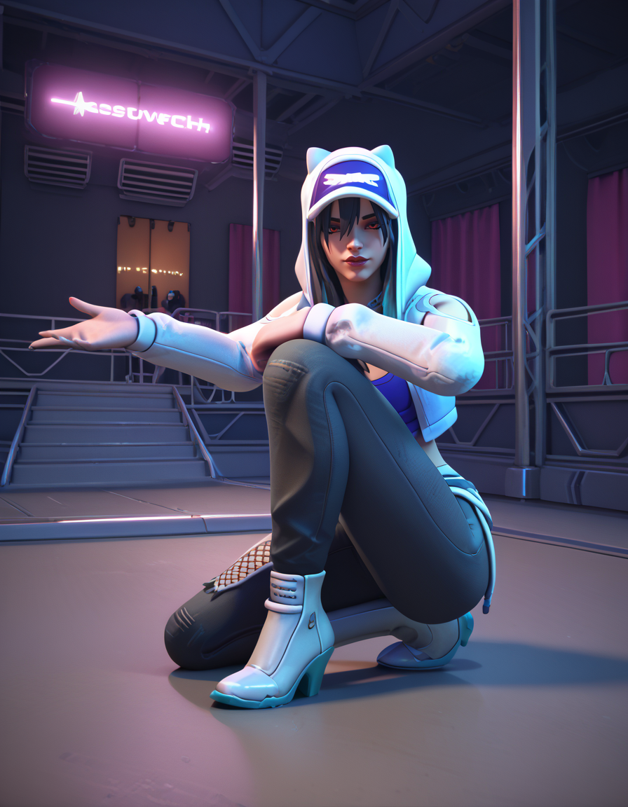 score_9, score_8_up, score_7_up, high-res, 2k, best quality, 3d, solo focus, ashefearless, ashe (overwatch)  <lora:Ashe_fearless_pony-000040:1>Knees on the floor holding onto a bar in a concert stage, at night, neon lights