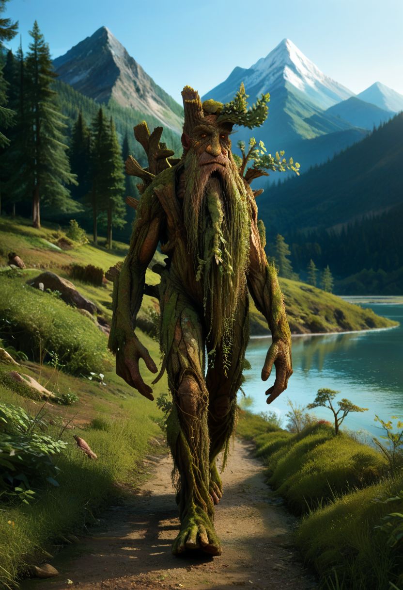 <lora:treebeard_lotr_pny-15:1.0> treebeard, ent, from side, walking, yellow eyes, beard, moss, smile, outdoors, sunbeam, grass, mountain, river, day, roots, realistic,, score_9, score_8_up, score_7_up, score_6_up, score_5_up, score_4_up
