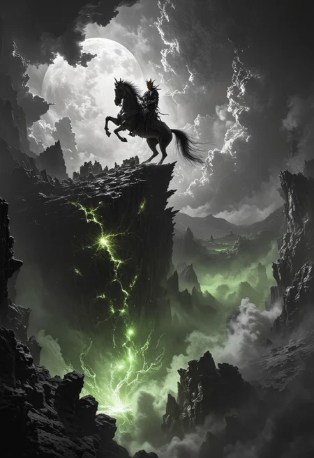 On a distant, jagged mountaintop, the Headless Horseman rears his dark steed, the horse’s front legs kicking into the stormy air. In one hand, the rider grasps his severed, ghostly head, its eyes glowing faintly. Below them, from a violently erupting volcano, a massive phoenix emerges, born from the molten lava. The black-and-white world is stark and haunting, but the phoenix and the lava glow in a venomous, toxic green. The bird’s colossal wings stretch wide, blotting out the sky, while ash and smoke swirl in the air, creating a surreal, apocalyptic landscape.