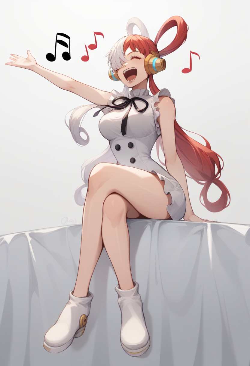 score_9,score_8_up,score_7_up,<lora:uta_(one_piece):1>,1girl, beamed_eighth_notes, black_ribbon, breasts, closed_eyes, crossed_legs, dress, eyelashes, full_body, hair_over_one_eye, highres, long_hair, open_mouth, quarter_note, singing, sitting, solo, split-color_hair, two-tone_hair, uta_\(one_piece\), white_hair