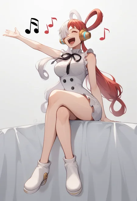 score_9,score_8_up,score_7_up,<lora:uta_(one_piece):1>,1girl, beamed_eighth_notes, black_ribbon, breasts, closed_eyes, crossed_legs, dress, eyelashes, full_body, hair_over_one_eye, highres, long_hair, open_mouth, quarter_note, singing, sitting, solo, split-color_hair, two-tone_hair, uta_\(one_piece\), white_hair