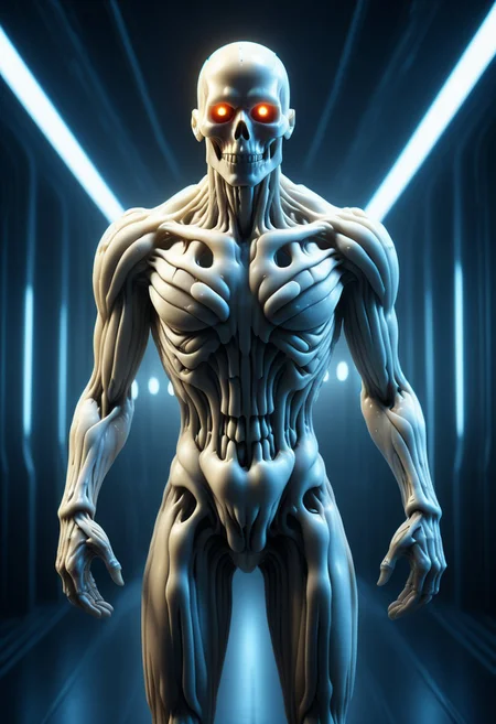 Ultra-detailed cyborg in a spaceship, with anthropomorphic cybernetic skeleton elements on metal armor, neon lights reflections, reflection mapping, intricate design and details, dramatic lighting, hyperrealism, photorealistic, cinematic, 8k --ar 9:16 --v 5