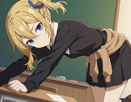 score_9, score_8_up, score_7_up, source_anime,
aihayasaka, <lora:ai-hayasaka-s3-ponyxl-lora-nochekaiser:1>,
ai hayasaka, bangs, blue eyes, blonde hair, hair ornament, hair between eyes, sidelocks, side ponytail, scrunchie, hair scrunchie, blue scrunchie,
shirt, long sleeves, school uniform, shoes, socks, sweater, cardigan, black socks, clothes around waist, shuuchiin academy school uniform, sweater around waist, cardigan around waist,
indoors, classroom, bent over,
looking at viewer, cowboy shot, dutch angle, solo,