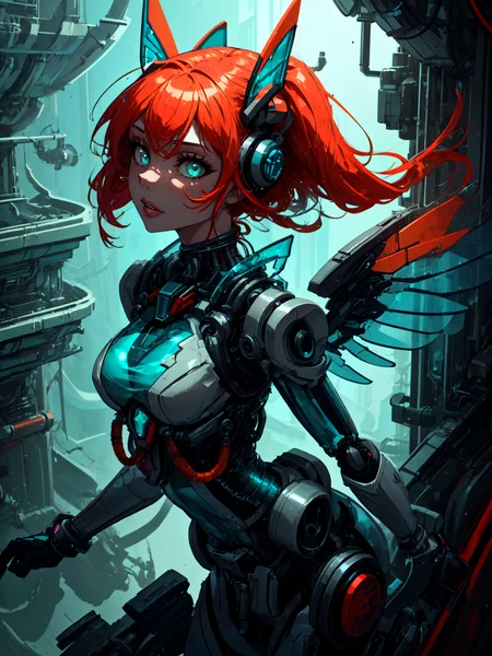 best quality,<lora:add_detail:0.3>, (1girl, solo, adult female, mature female), <lora:detailed_eyes:1>, <lora:concept_goodHands:1>, teal eyes, orange hair, hair flaps,
<lora:style_pastTech_(plasttech--synthetic--scifi):0.9>, plasttech, synthetic, scifi,
plasttech mech girl, plasttech wings, plasttech head ornament, flying, in the air,