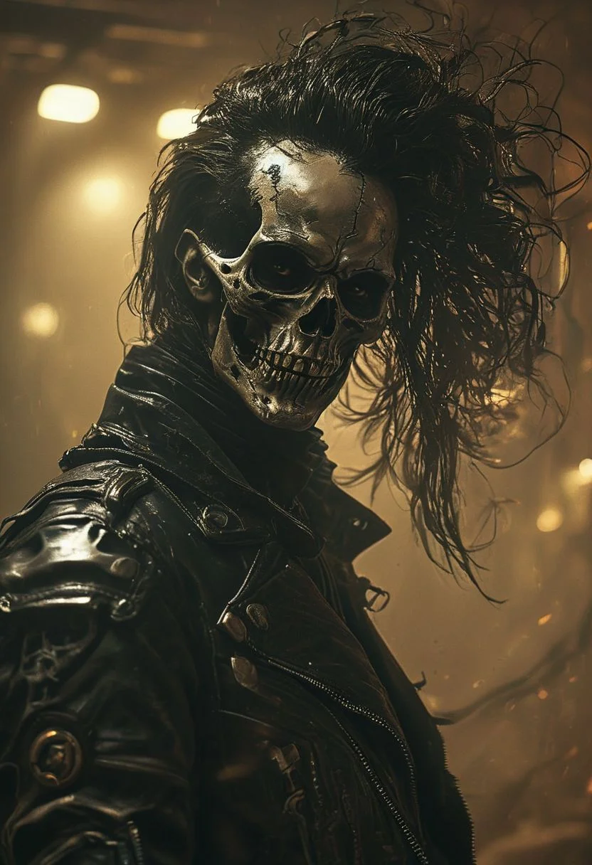 photorealistic, assassinkahb style, amazing quality, masterpiece, best quality, hyper detailed, ultra detailed, UHD, perfect anatomy, portrait, dof, hyper-realism, majestic, awesome, inspiring, Create a close-up image of a cyberpunk skeleton assassin wearing a black biker leather jacket with a high collar. His long, disheveled long hair blows in the wind. (long-hair:1.4) The skeletal face grins directly at the camera with a menacingly evil expression., atmospheric haze, cinematic composition, soft shadows, very detailed, hd, RAW photograph, masterpiece, top quality, best quality, official art,highest detailed, atmospheric lighting, cinematic composition, complex multiple subjects, 4k HDR, vibrant, highly detailed, Leica Q2 with Summilux 35mm f/1.2 ASPH, Ultra High Resolution, wallpaper, 8K, Rich texture details, hyper detailed, detailed eyes, detailed background, epic composition, high quality , (8k, RAW photo, highest quality), hyperrealistic,