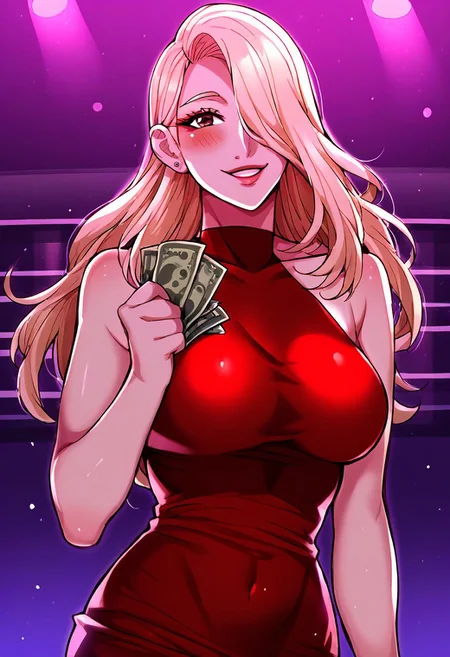 score_9, score_8_up, score_7_up, ASCII masterpiece, source_anime, BREAK, 1girl, solo, (( <lora:punishments_for_bad_girls_style:1> , punishments_for_bad_girls_style , geum_ah-yeong, thin waist, wide hips, beautiful skin, beautiful brown eyes, clear eyes, bright pupils, beautiful eyes, beautiful blonde hair, beautiful long hair, hair over one eyes, huge and shaggy breasts, natural beauty, extraordinary beautiful woman, attractive woman, super sexy woman, lustful body, sexy woman with seductive obscene body, sensual body, voluptuous body, sexy beauty, no piercings, no piercing, makeup, )) , ((sexy sleeveless shoulderless sheer red dress, obscene cleavage, huge cleavage, )) , dancing, cleavage, erotic dance, seducative smile, blush, seducative dance, she is seducing the viewer, party, nightclub, nightclub background, money in the air, 1 boob is out of dress, flashing boob,