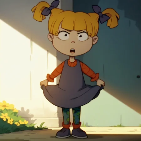 score_9, score_8_up, score_8_up, screenshot, break, solo, 1girl. blonde hair, twintails, dress, polka dot leggings, hair bow, outdoors, natural lighting, sunlight, shadows,
