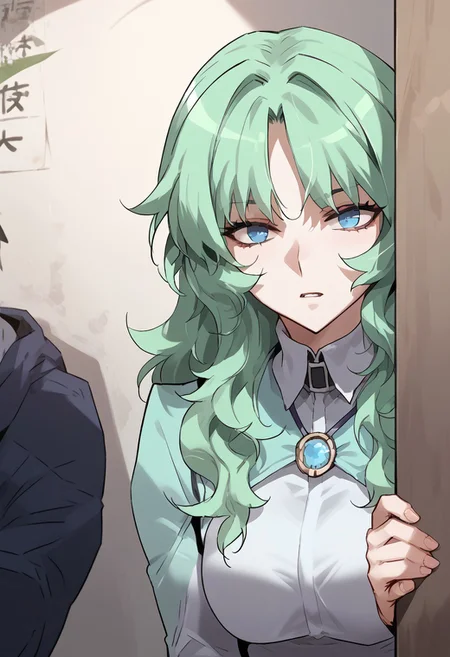 zPDXL3, score_9_up, score_8_up, score_7_up, (Anime_source), 1girl, peeking out, upper body, hiding behind wall, VivianBelkan blue eyes, green hair, long hair, dress, looking at viewer, parted lips