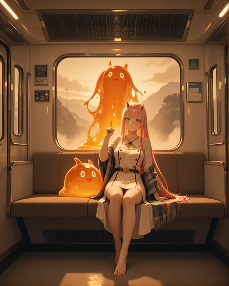 newest, absolutely eye-catching, hand cannon pistol, knotwork_embroidery, full body, barefoot, motion_lines:1.1, anime character, 2boys, ultra-detailed, medium breasts, Chromatic Aberration, landscape blurring past., plaid_shawl, fox_girl, motion_blur:1.1, very long hair, 1girl, in the style of ck-sfc, slime_(creature), nail_polish, siren, absurdres, very aesthetic, thinking strategically), slime_(creature), Calculating expression (Scheming, celtic_dress, long_nails, Futuristic maglev train interior, brooch, evening, feet active and toes pointing up, ambient occlusion, depth of field, Neon Brown Theme, Zero Two, amazing quality, Indigo hair, Staff pose - Sitting upright with legs extended, ephemeral, light skin, 8K, ornate engraving, best quality, fog, HDR, masterpiece, very long hair